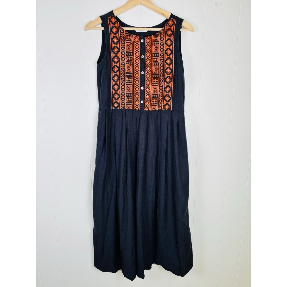 Max XS Black Orange Embroidered Boho Midi Dress‎ Sleeveless Cotton Rayon